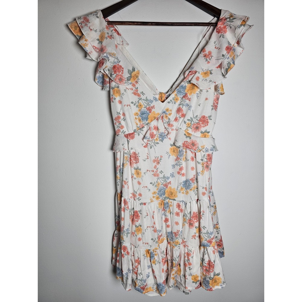 Cottagecore Ash & Violet Floral Mini Dress Womens Medium Ivory Ruffle Tiered Bow